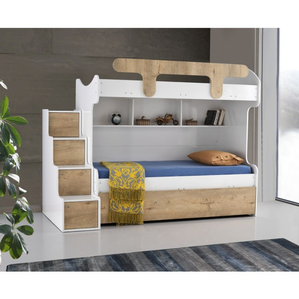 Beenal Samara Ranza - 3 Karyolalı Merdivenli Ranza Yavrulu Karyolalı Lefkas Ceviz Beyaz - 100 x 180 cm Ranza Fiyatı