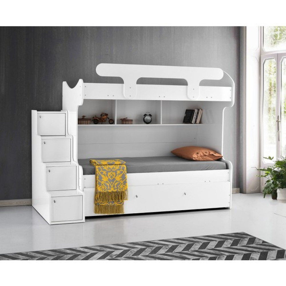 Beenal Samara Ranza - 3 Karyolalı Merdivenli Ranza Yavrulu Karyolalı Parlak Beyaz - 100 x 180 cm Ranza Fiyatı