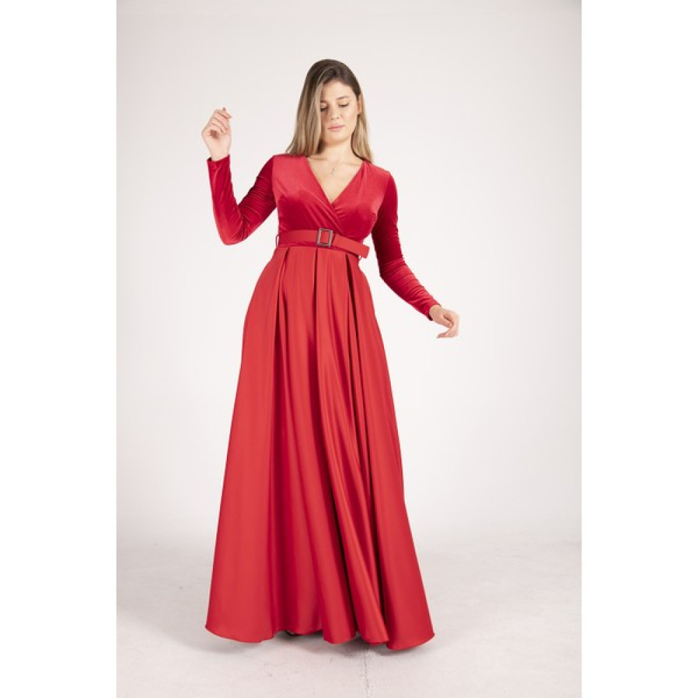 Belamore Bordo Beli Kemerli Üstü Kadife Altı Saten Abiye & Mezuniyet Elbisesi 9704787.04 Elbise Fiyatı