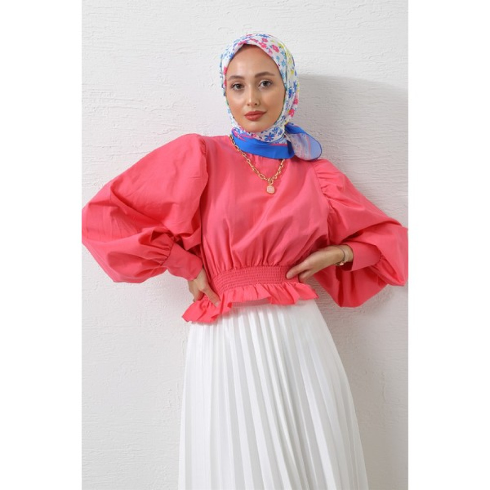 Beli Lastikli Kolları Büzgülü Bluz Pembe Kadın Gömlek Fiyatı