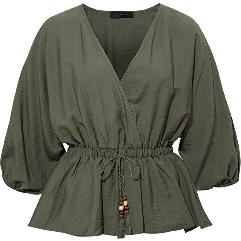 Beli ve Kol Ucu Lastikli Kruvaze Kapama Bluz - Haki Bluz Fiyatı