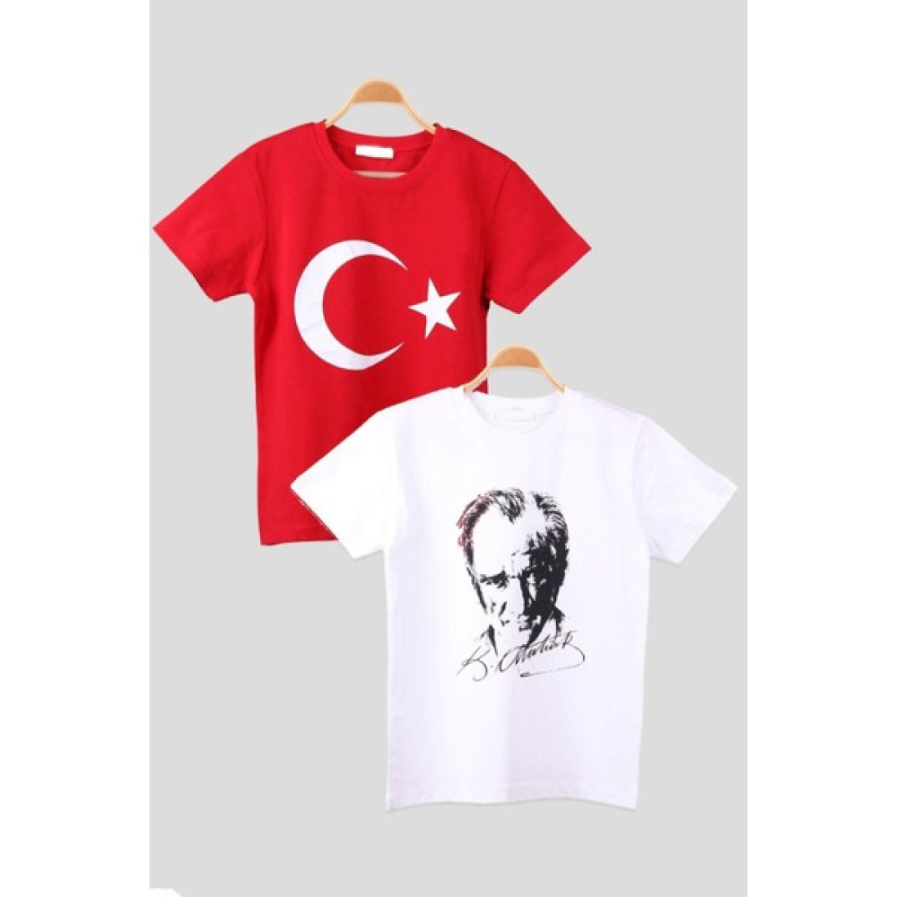 Belifanti Collection Unisex Ayyıldız Bayrak Atatürk Imza Baskılı 2'li Tişört T-Shirt Erkek T-shirt Fiyatı