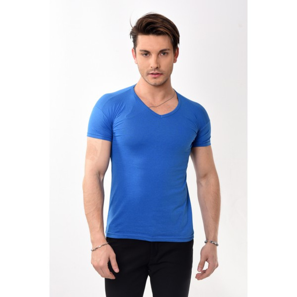 Belifanti Collection V Yaka Basic Slim Fit Erkek Tişört T-Shirt Saks Mavisi Erkek T-shirt Fiyatı