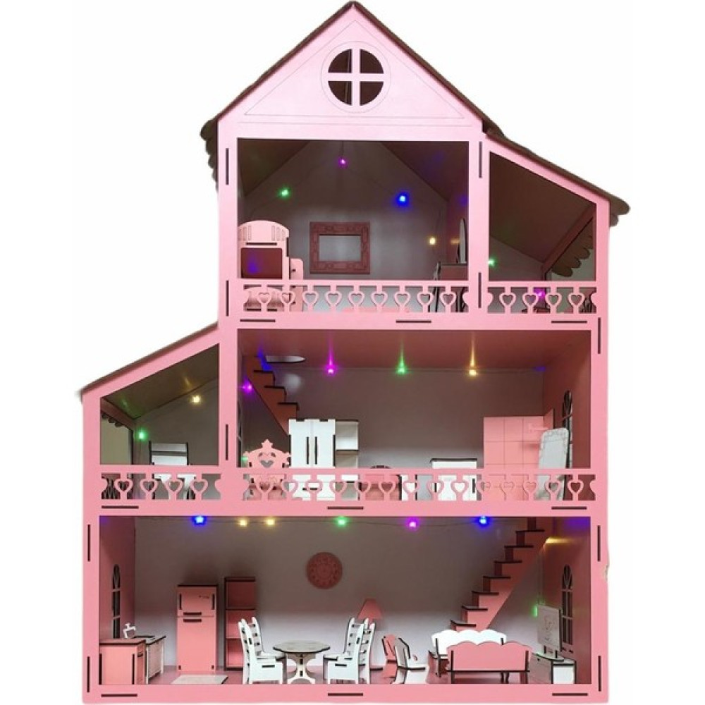 Belinay Çocuk Dünyası 100 cm 36 Mobilyalı Ledli Bebekli Bahçeli Montessori Çocuk Bebek Oyun Evi - Pembe Bebek Oyuncakları Fiyatı
