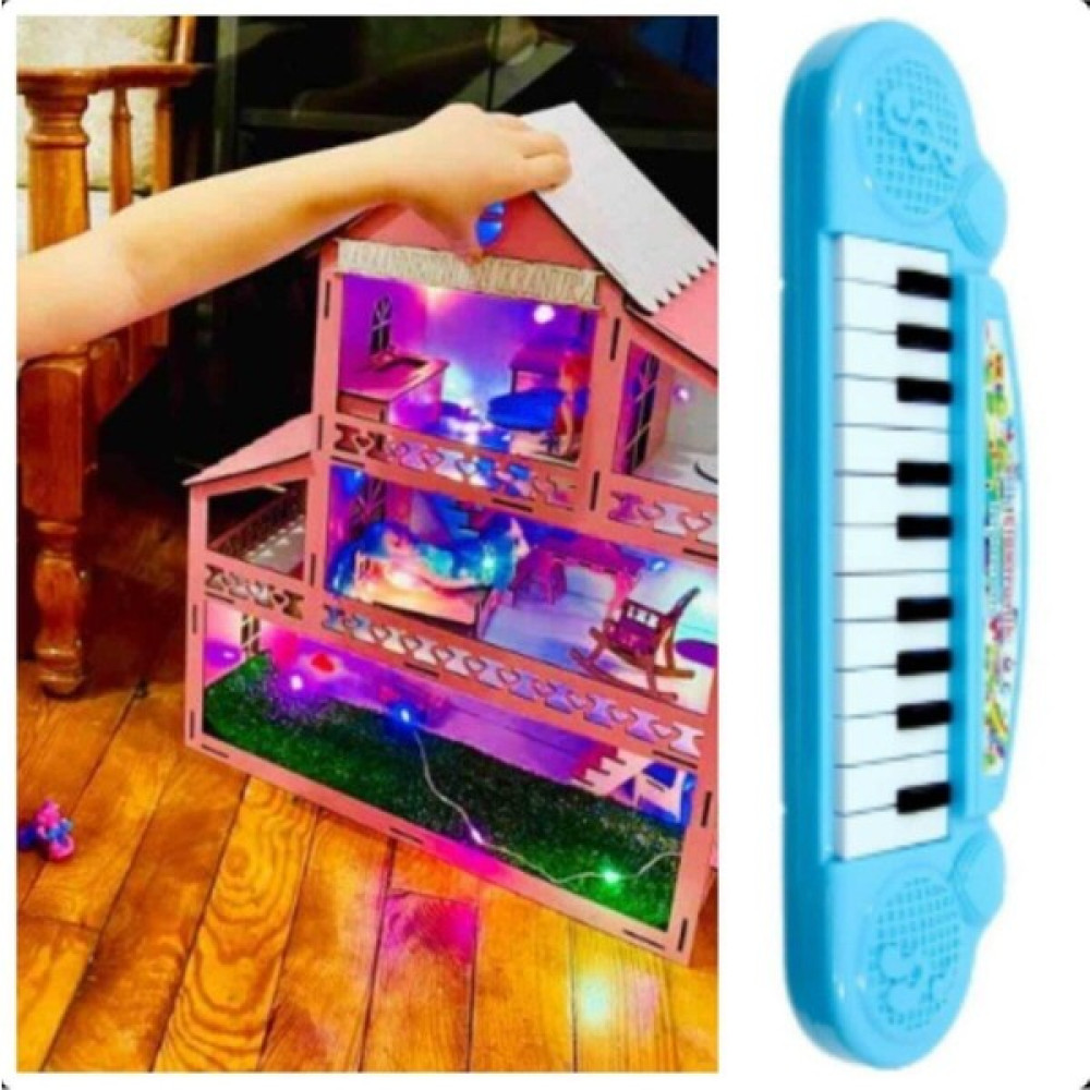 Belinay Çocuk Dünyası Ahşap Oyun Evi 60CM 18 Eşya LED Işıklı Mavi Org Piyanolu Ahşap Oyun Ev 60CM 18 Bebek Oyuncakları Fiyatı