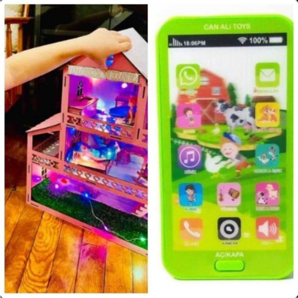 Belinay Çocuk Dünyası Ahşap Oyun Evi 60CM 18 Eşya LED Işıklı Yeşil Telefonlu Ahşap Oyun Ev 60CM 18 Bebek Oyuncakları Fiyatı
