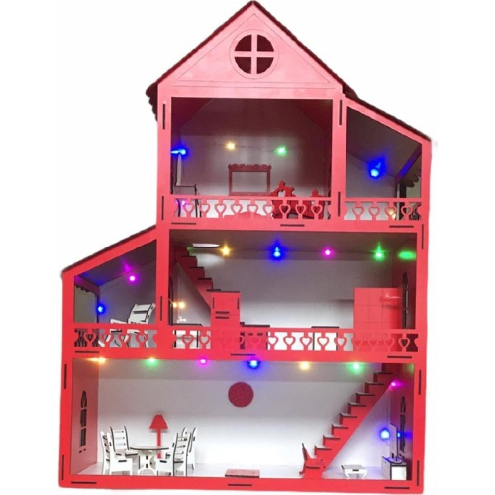 Belinay Çocuk Dünyası Ahşap Oyun Evi 80CM 21 Eşya Kırmızı LED Işıklı Isim Yazılır Belinay 80CM 21 Eşya LED Bebek Oyuncakları Fiyatı