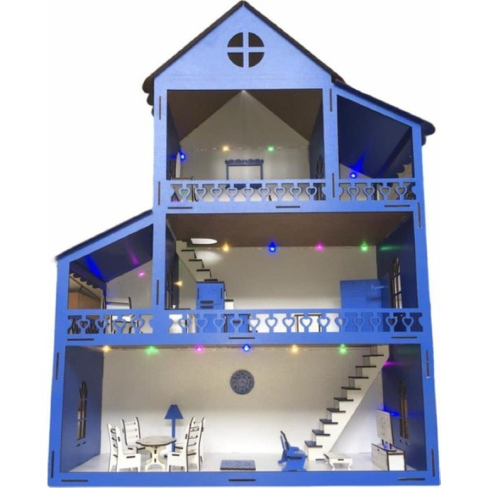 Belinay Çocuk Dünyası Ahşap Oyun Evi 80CM 21 Eşya Mavi LED Işıklı Isim Yazılır Belinay 80CM 21 Eşya LED Bebek Oyuncakları Fiyatı