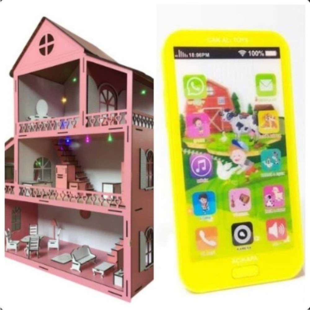 Belinay Çocuk Dünyası Ahşap Oyun Evi 80CM 21 Eşya Pembe Işıklı Sarı Telefonlu Ahşap Oyun Ev 80CM 21 Bebek Oyuncakları Fiyatı