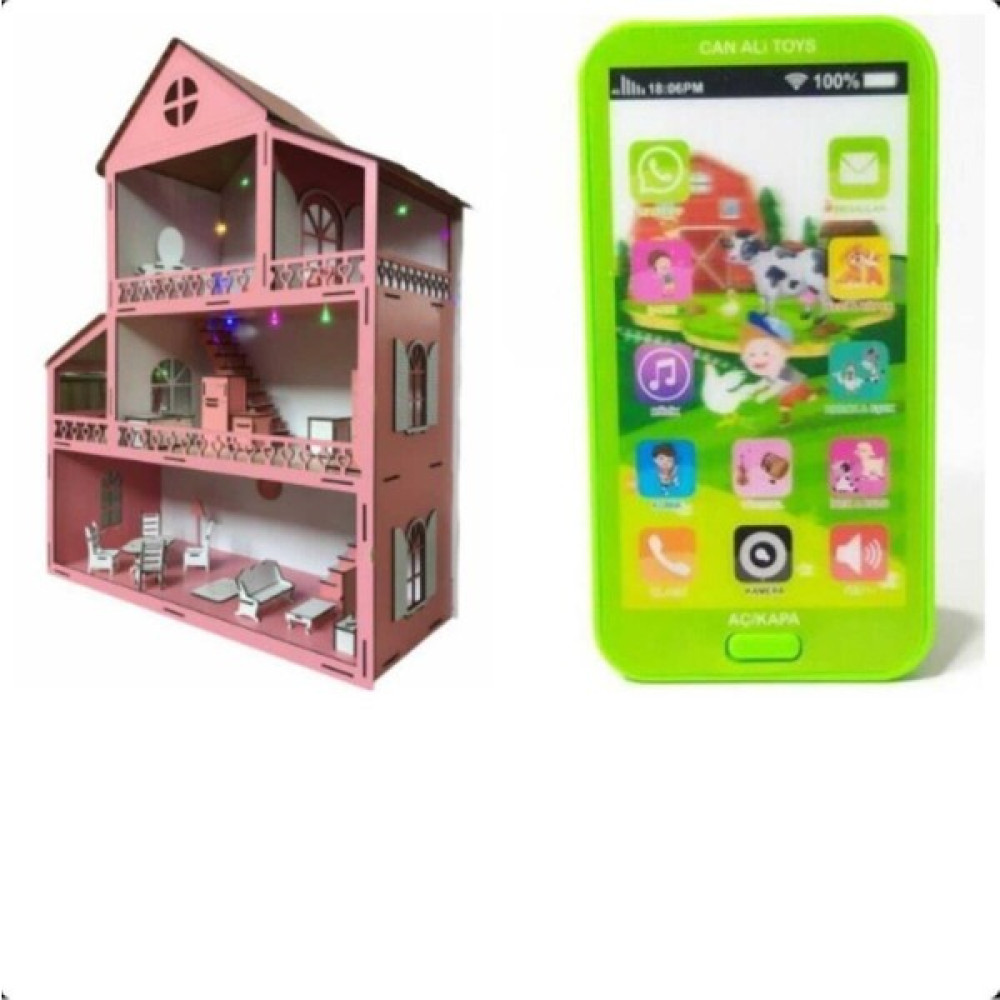 Belinay Çocuk Dünyası Ahşap Oyun Evi 80CM 21 Eşya Pembe Işıklı Yeşil Telefonlu Ahşap Oyun Ev 80CM 21 Bebek Oyuncakları Fiyatı