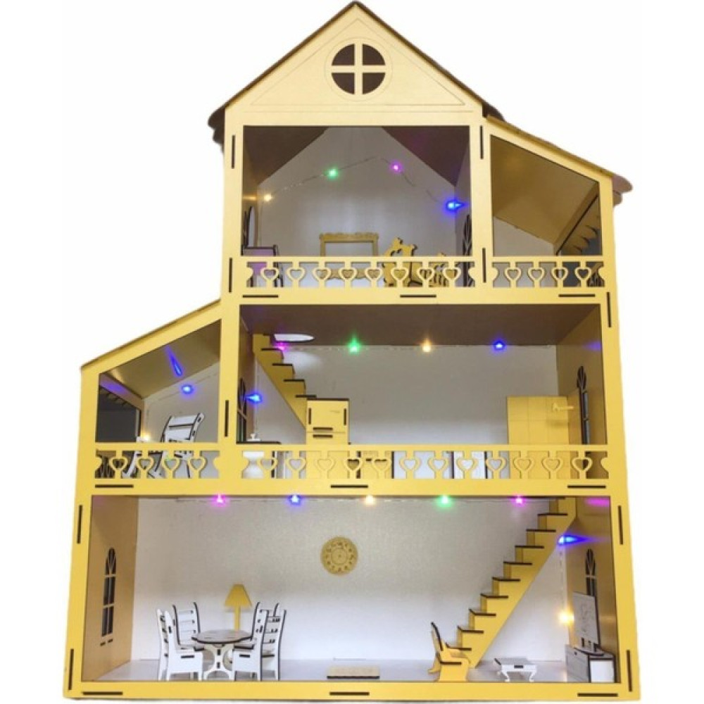 Belinay Çocuk Dünyası Ahşap Oyun Evi 80CM 21 Eşya Sarı LED Işıklı Isim Yazılır Belinay 80CM 21 Eşya LED Bebek Oyuncakları Fiyatı