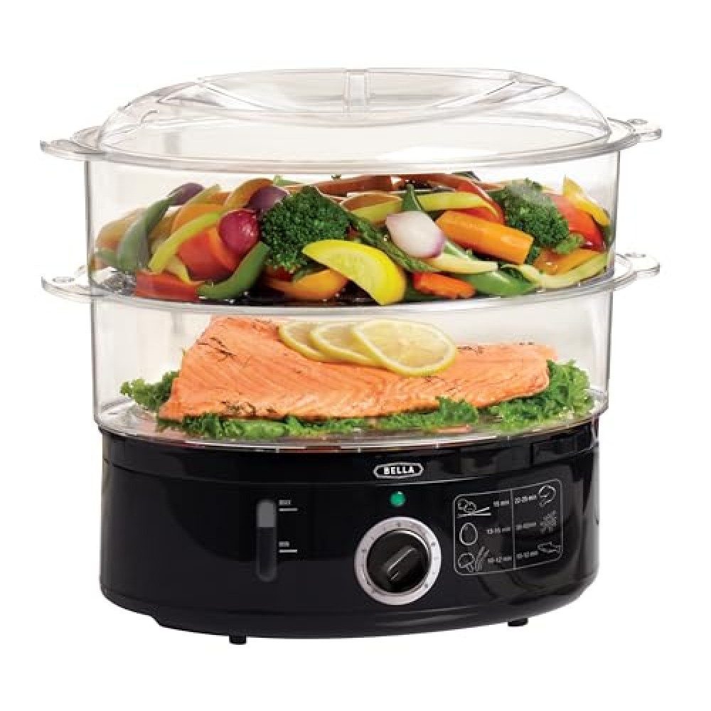 BELLA Two Tier Food Steamer with Dishwasher Safe Lids and Stackable Baskets & Removable Base for Fast Simultaneous Cooking - Auto Shutoff & Boil Dry Protection, Stainless Steel, 7.4 QT, Black