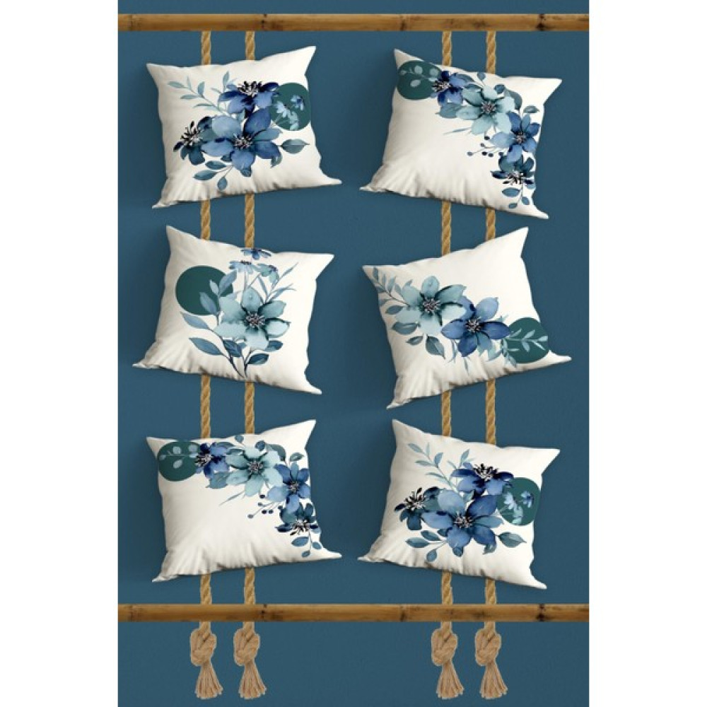 Belle Benoit 6'lı Modern Tasarım Dijital Baskılı Hediyelik, Dekoratif, Koltuk Yastık Kılıfı, Kırlent Kılıfı Seti - 43 x 43 cm - Mavi - Beyaz Kırlent / Mobilya Yastığı Fiyatı