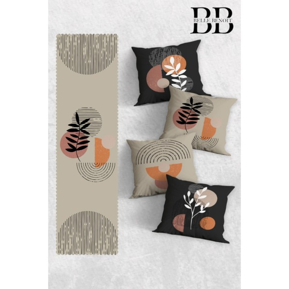 Belle Benoit Modern Tasarım 3D Dijital Baskılı 4'lü Yastık Kılıfı Kırlent Kılıfı ve Amerikan Servis Runner Set - 43 x 43 cm - Haki - Bej Kırlent / Mobilya Yastığı Fiyatı