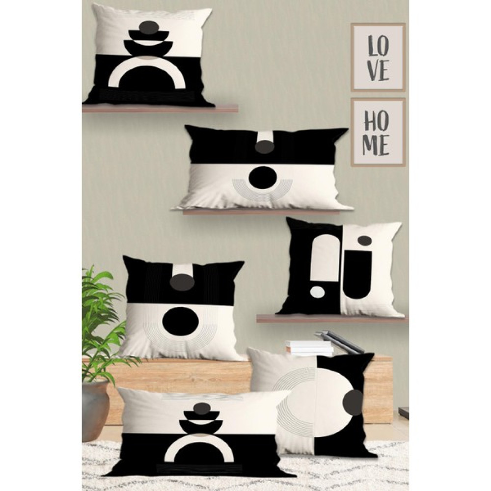 Belle Benoit Modern Tasarım 6'lı 3D Dijital Baskılı Dikdörtgen 30 x 50 cm ve 43 x 43 cm Kare Kırlent Kılıfı Seti - Siyah - Beyaz Kırlent / Mobilya Yastığı Fiyatı