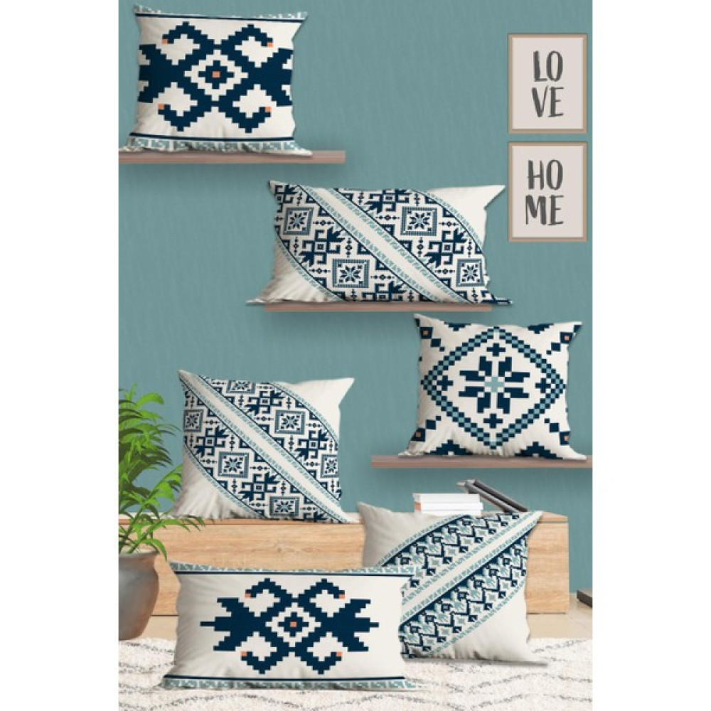 Belle Benoit Modern Tasarım 6'lı 3D Dijital Baskılı Dikdörtgen 30X50 ve 43X43 Kare Kırlent Kılıfı Seti - 43 x 43 cm - Mavi - Beyaz Kırlent / Mobilya Yastığı Fiyatı