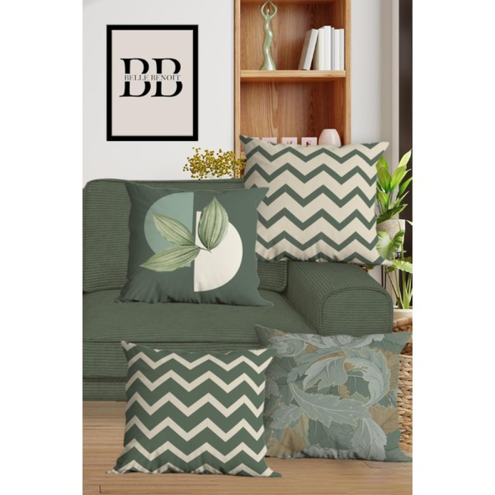 Belle Benoit Modern Tasarım Dijital Baskılı Hediyelik Dekoratif 4' lü Koltuk Yastık Kılıfı Kırlent Kılıfı Seti - 43 x 43 cm - Bej - Yeşil Kırlent / Mobilya Yastığı Fiyatı