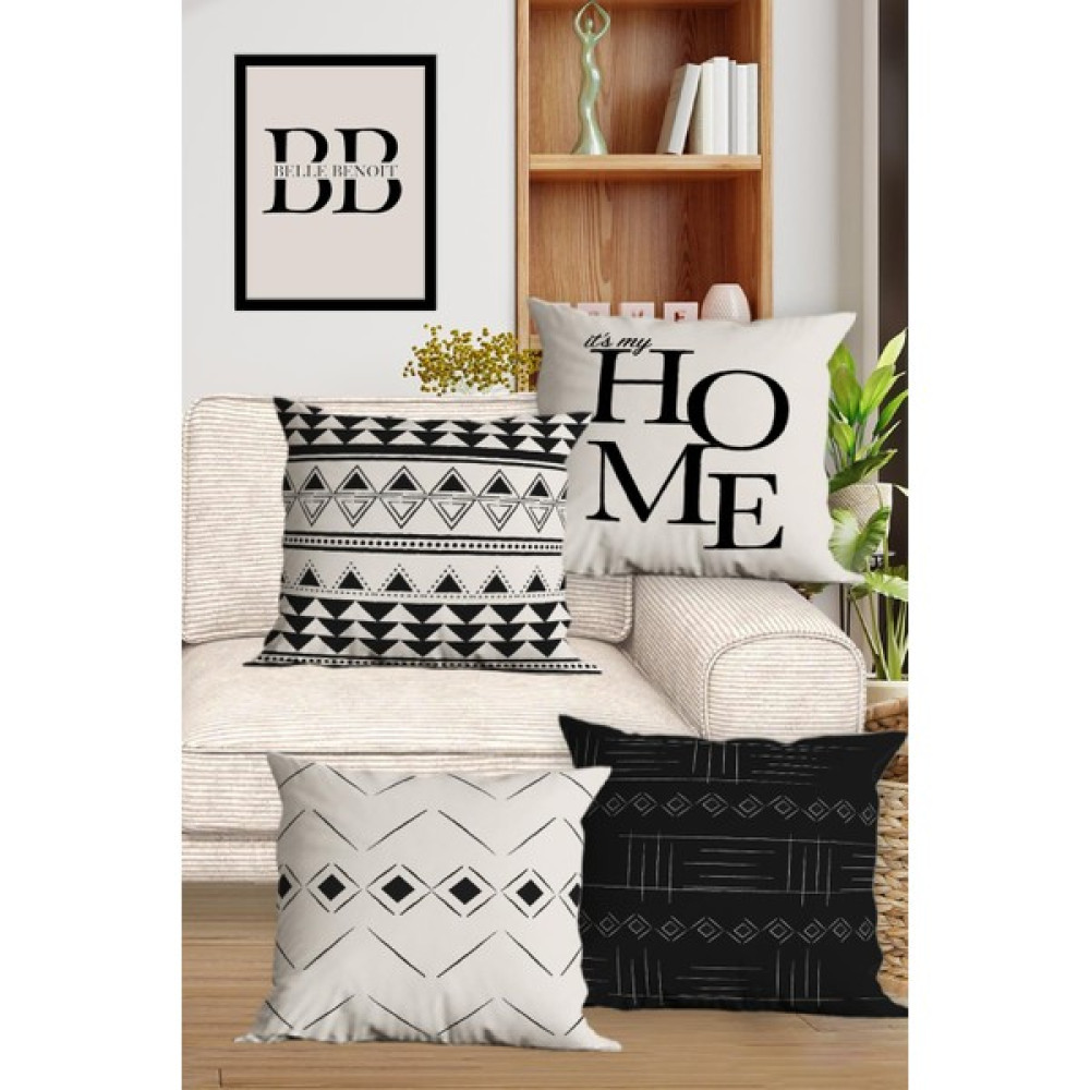 Belle Benoit Modern Tasarım Dijital Baskılı Hediyelik Dekoratif 4' Lü Koltuk Yastık Kılıfı Kırlent Kılıfı Seti - 43 x 43 cm - Beyaz - Siyah Kırlent / Mobilya Yastığı Fiyatı