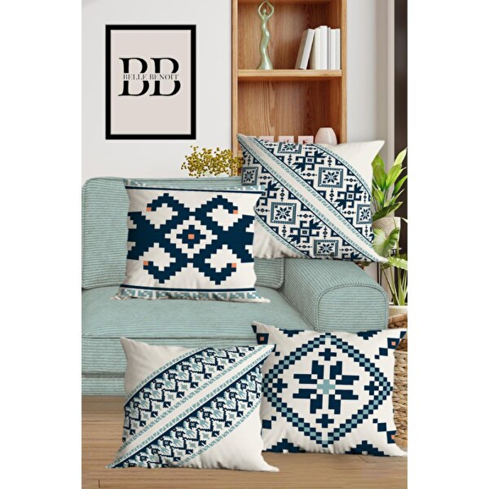 Belle Benoit Modern Tasarım Dijital Baskılı Hediyelik Dekoratif 4' Lü Koltuk Yastık Kılıfı Kırlent Kılıfı Seti - 43 x 43 cm - Mavi Kırlent / Mobilya Yastığı Fiyatı