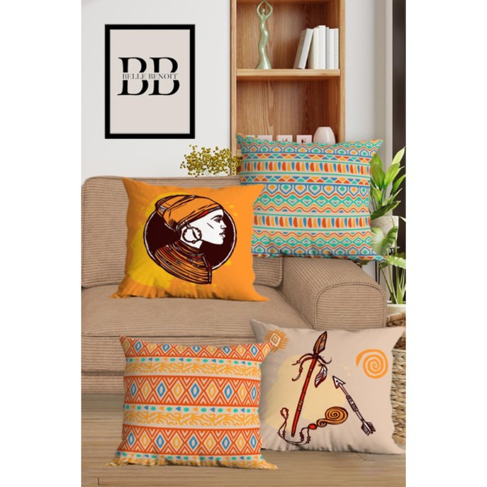 Belle Benoit Modern Tasarım Dijital Baskılı Hediyelik Dekoratif 4' Lü Koltuk Yastık Kılıfı Kırlent Kılıfı Seti - 43 x 43 cm - Sarı - Kiremit Kırlent / Mobilya Yastığı Fiyatı