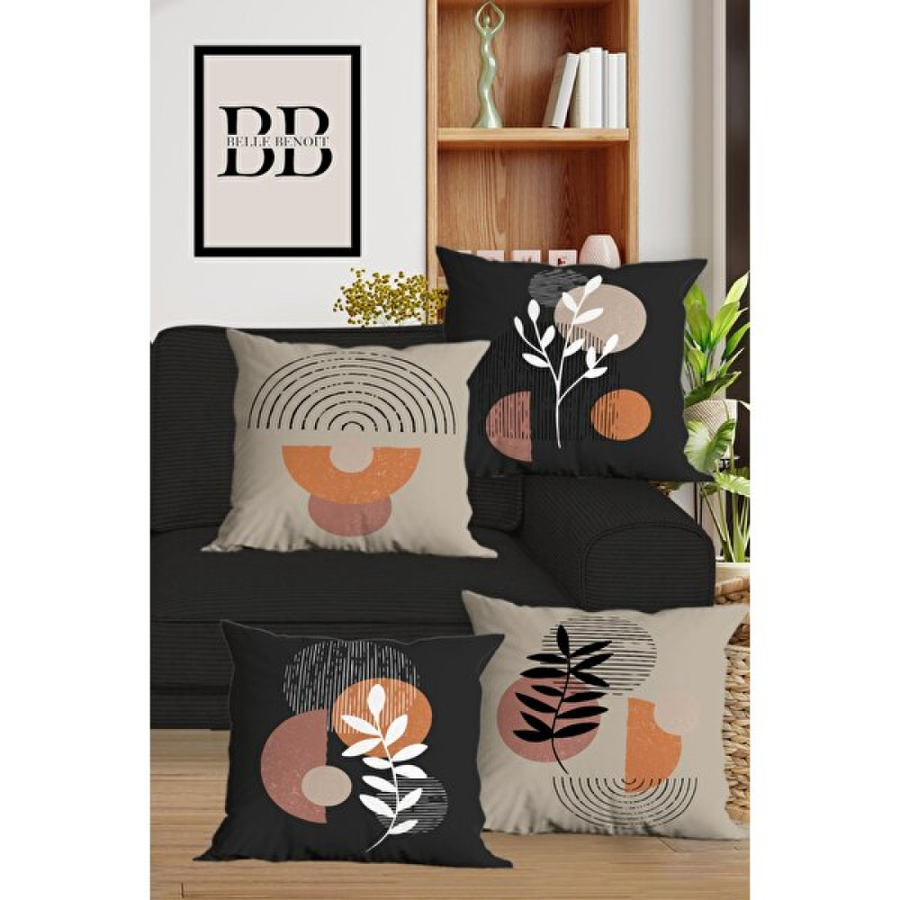 Belle Benoit Modern Tasarım Dijital Baskılı Hediyelik Dekoratif 4' Lü Koltuk Yastık Kılıfı Kırlent Kılıfı Seti - 43 x 43 cm - Siyah - Bej Kırlent / Mobilya Yastığı Fiyatı