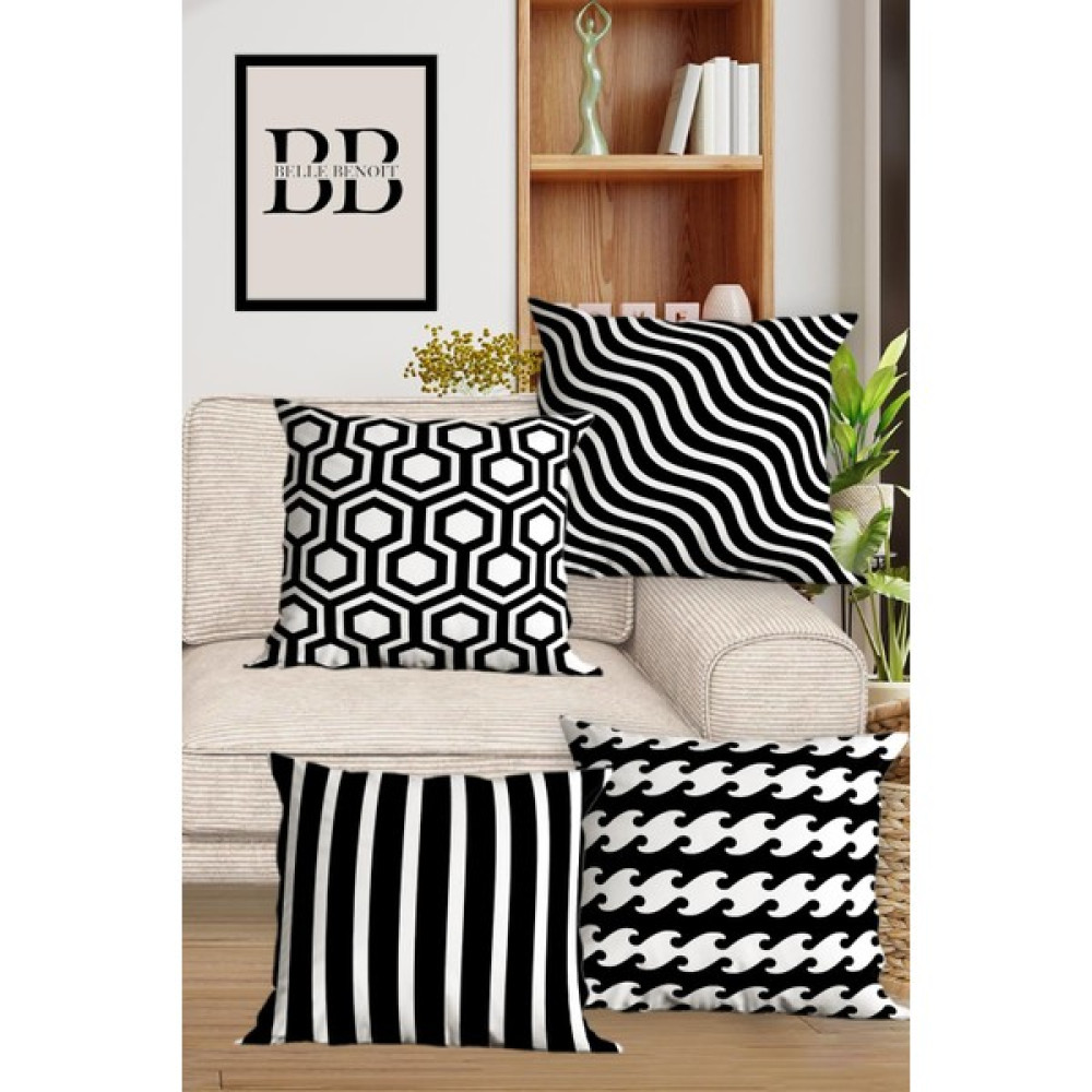 Belle Benoit Modern Tasarım Dijital Baskılı Hediyelik Dekoratif 4' Lü Koltuk Yastık Kılıfı Kırlent Kılıfı Seti - 43 x 43 cm - Siyah - Beyaz Kırlent / Mobilya Yastığı Fiyatı