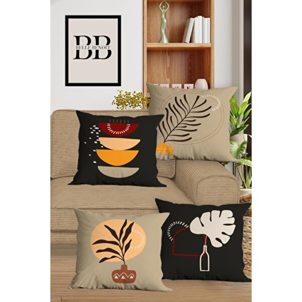 Belle Benoit Modern Tasarım Dijital Baskılı Hediyelik Dekoratif 4' Lü Koltuk Yastık Kılıfı Kırlent Kılıfı Seti - 43 x 43 cm - Siyah - Hardal Kırlent / Mobilya Yastığı Fiyatı