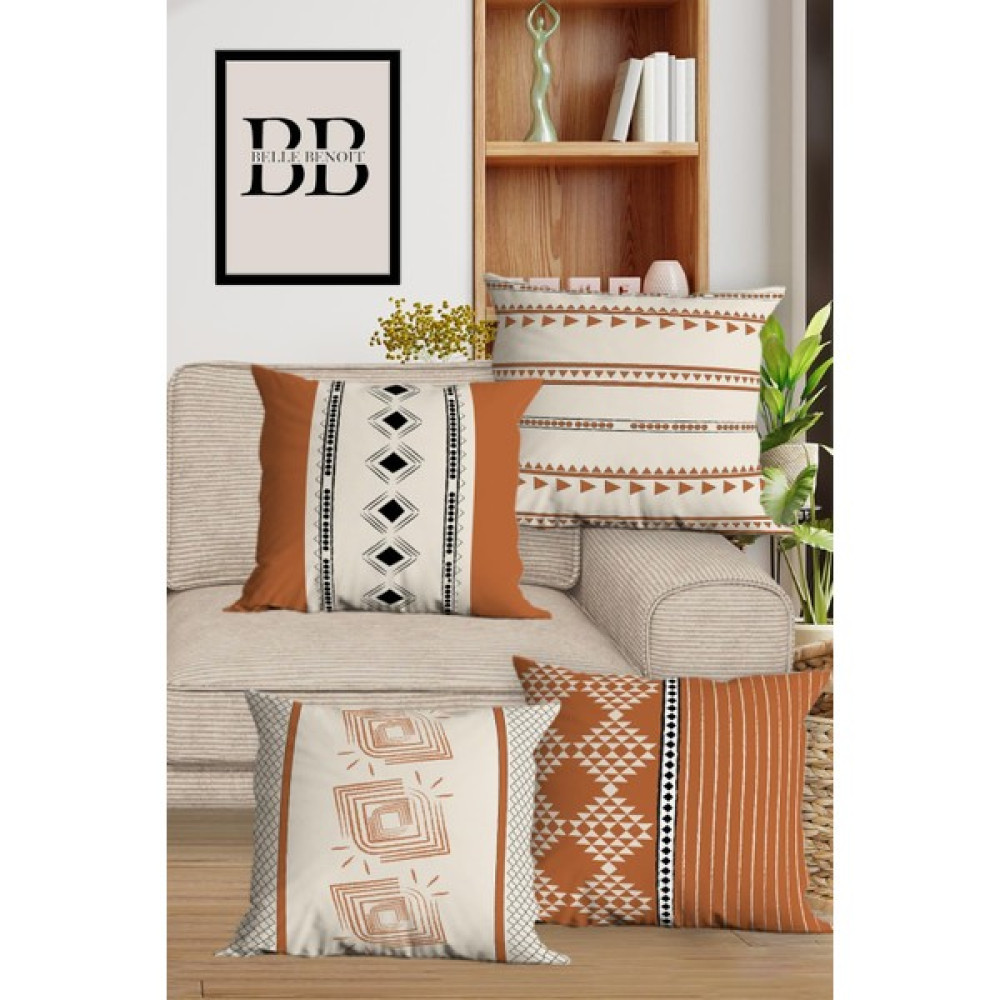 Belle Benoit Modern Tasarım Dijital Baskılı Hediyelik Dekoratif 4' Lü Koltuk Yastık Kılıfı Kırlent Kılıfı Seti - 43 x 43 cm - Turuncu Kırlent / Mobilya Yastığı Fiyatı