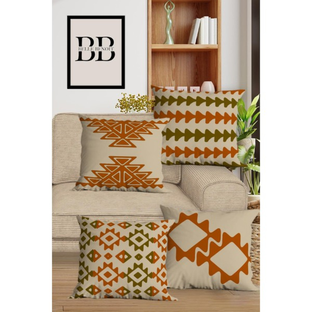 Belle Benoit Modern Tasarım Dijital Baskılı Hediyelik Dekoratif 4'lü Koltuk Yastık Kılıfı Kırlent Kılıfı Seti - 43 x 43 cm - Turuncu - Bej Kırlent / Mobilya Yastığı Fiyatı