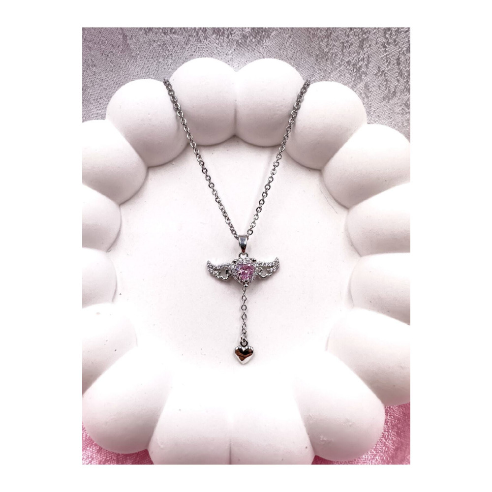 belle Cherie Jewelry Kadın Pembe Kristal Melek Kanatlı Kalpli 316l Çelik 40-45cm Gümüş Kolye Standart Beden Gümüş Kolye Fiyatı