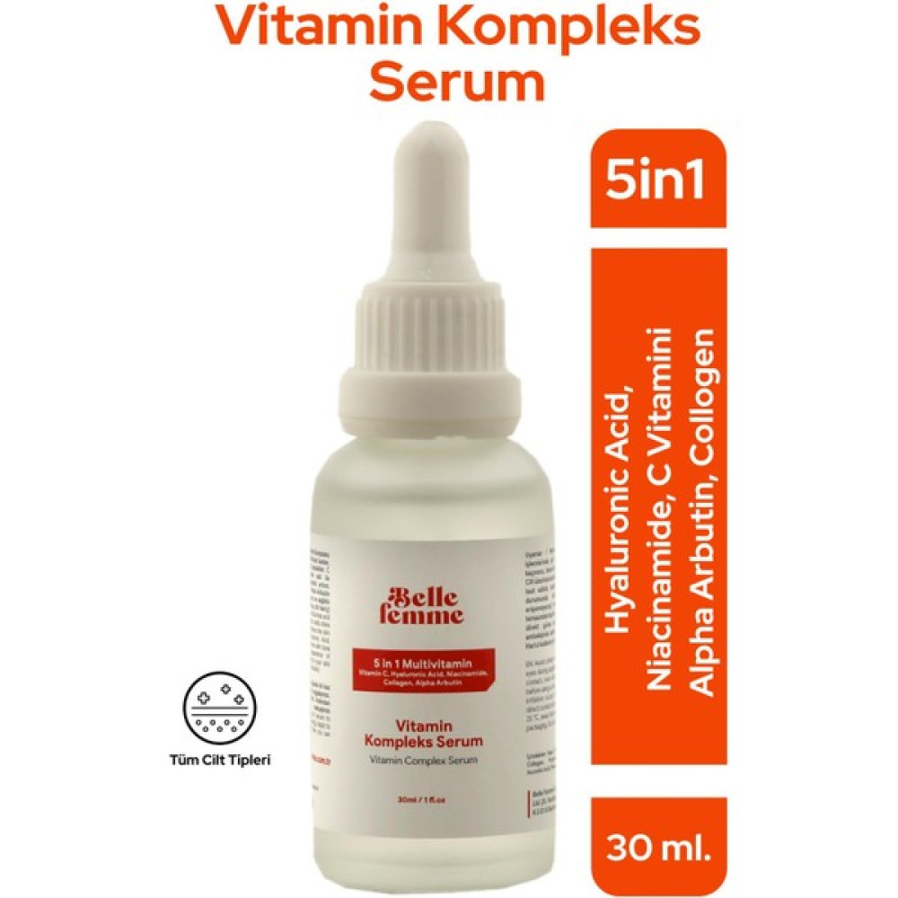 Belle Femme Vitamin Kompleks 5in1 Cilt Bakım Serumu. Hyalüronik Asit-C Vitamini-Kolajen,alpha Arbutin,niacinamide Anti-Aging / Yaşlanma Karşıtı Fiyatı