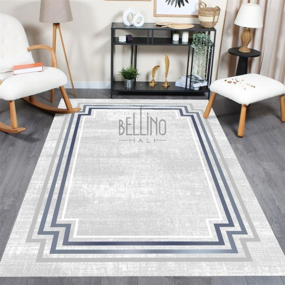 Bellino Halı Yıkanabilir Halı Kaymaz Taban Bambu Halı Pamuk Dokuma Kilim Mavi Geçişli Çerçeve Desenli Salon Halısı Mutfak Halısı ve Yolluk Salon Halısı Fiyatı
