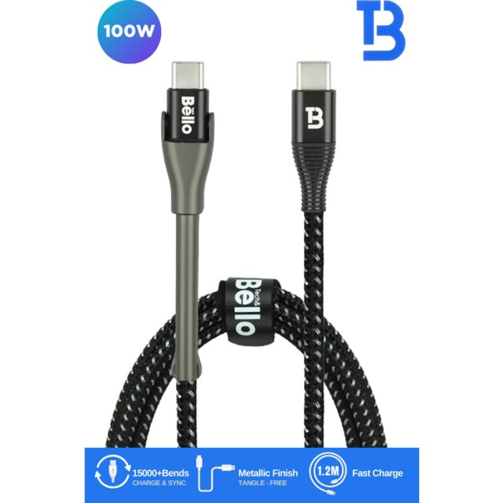 Bello BA-02 Type-C Type-C Standlı Koruyuculu Örgülü Hızlı Şarj Data Kablosu 100W 1.2m - Siyah Bilgisayar Çevirici ve Adaptörü Fiyatı