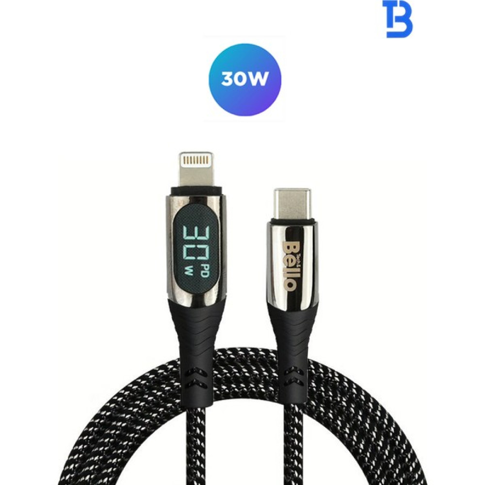 Bello BA-03 Type-C Lightning Göstergeli Örgülü Hızlı Şarj Data Kablosu 30W 1.2m - Siyah Bilgisayar Çevirici ve Adaptörü Fiyatı
