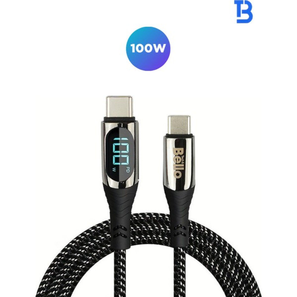 Bello BA-03 Type-C Type-C Göstergeli Örgülü Hızlı Şarj Data Kablosu 100W 1.2m - Siyah Bilgisayar Çevirici ve Adaptörü Fiyatı