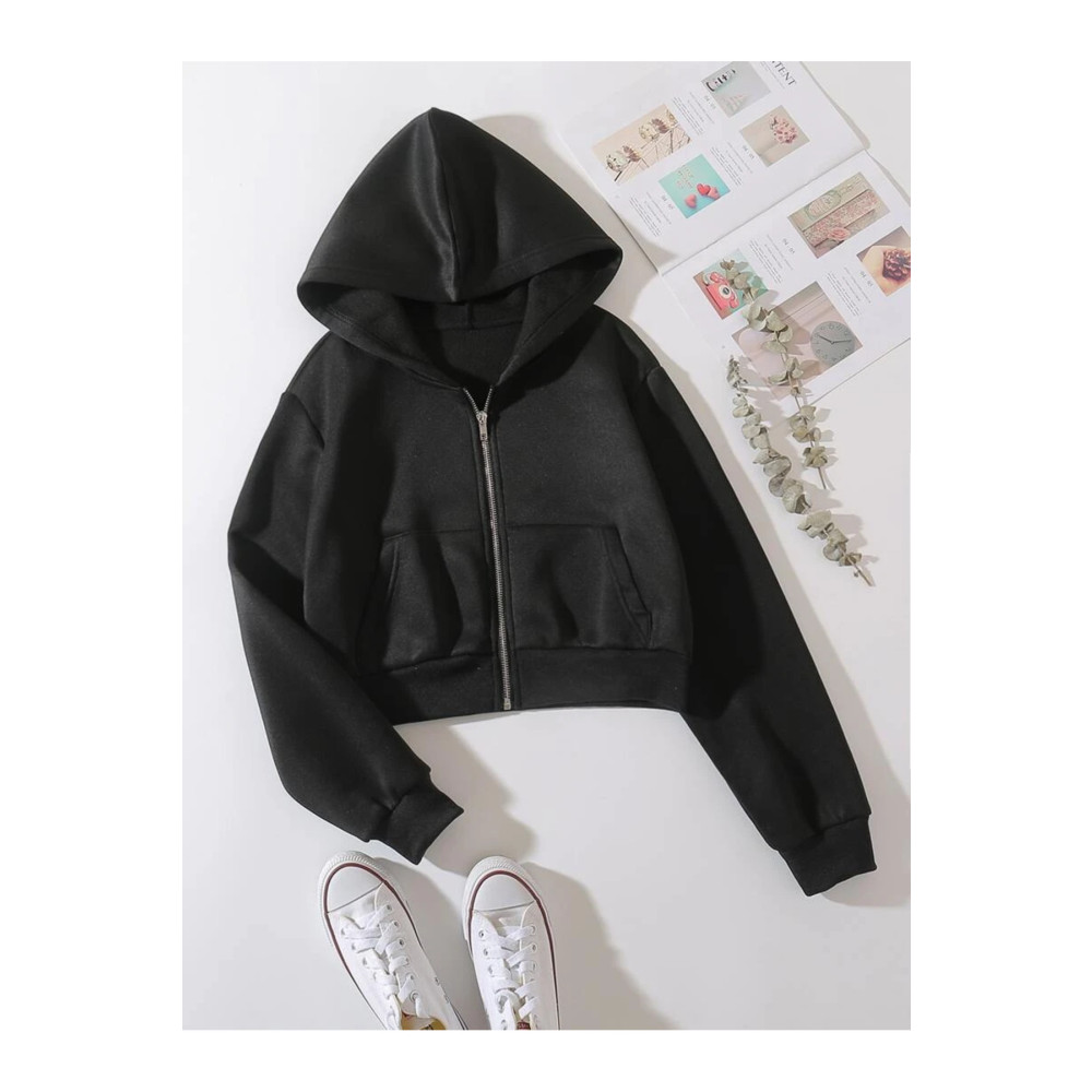 belveth Siyah Basic Fermuarlı Kapüşonlu Crop 3 İplik Örme Sweatshirt S Beden Bayan Sweatshirt Fiyatı