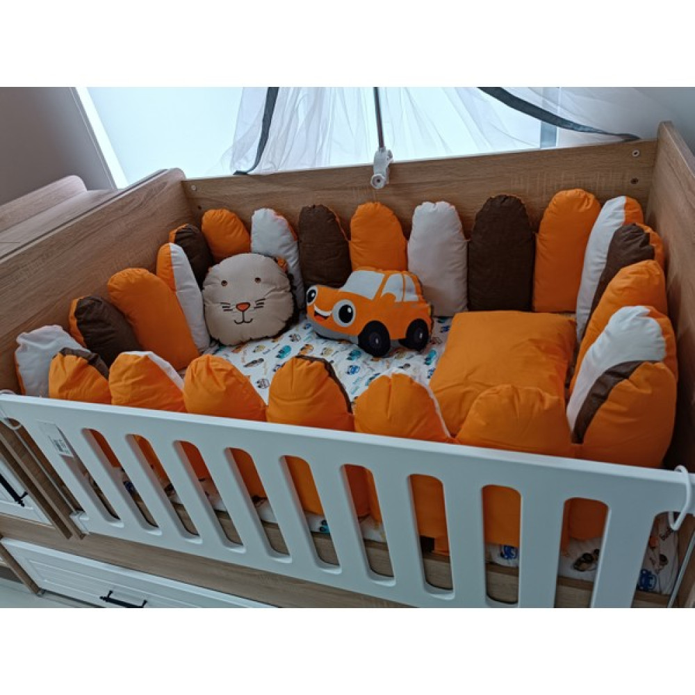 Bemolya Butik Bebek Turuncu Arabalı Çitli Beşik Uyku Seti Araba Desenli Pamuk Yatak Beşik Korumalığı 70/130 - 70 x 130 cm Bebek Uyku Seti Fiyatı