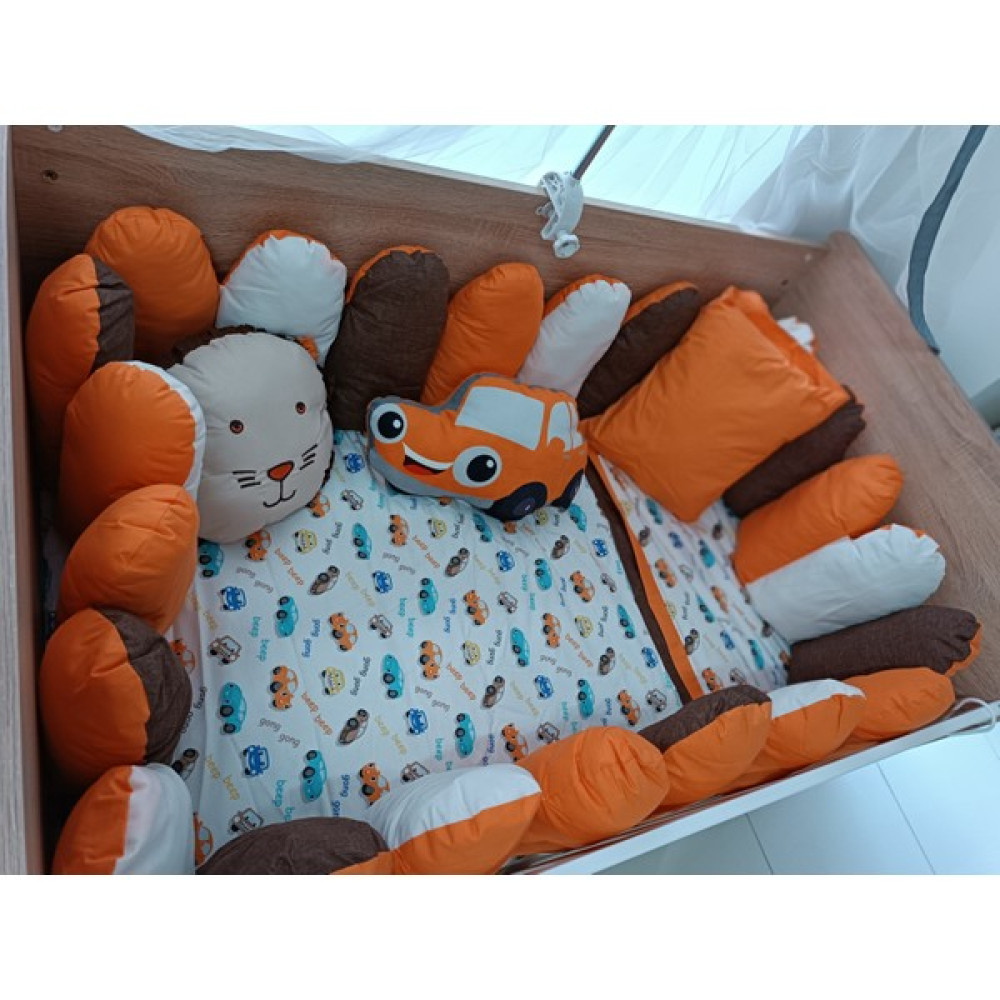 Bemolya Butik Bebek Turuncu Arabalı Çitli Beşik Uyku Seti Araba Desenli Pamuk Yatak Beşik Korumalığı 80/130 - 80 x 130 cm Bebek Uyku Seti Fiyatı