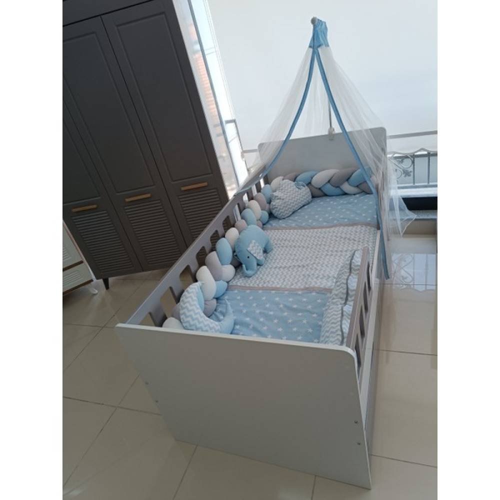 Bemolya Montessori Fil ve Yıldız Desenli Mavi Zincir Örgülü Pamuk Bebek Çocuk Uyku Seti Gri Mavi Beyaz Erkek - 90 x 190 cm Bebek Uyku Seti Fiyatı