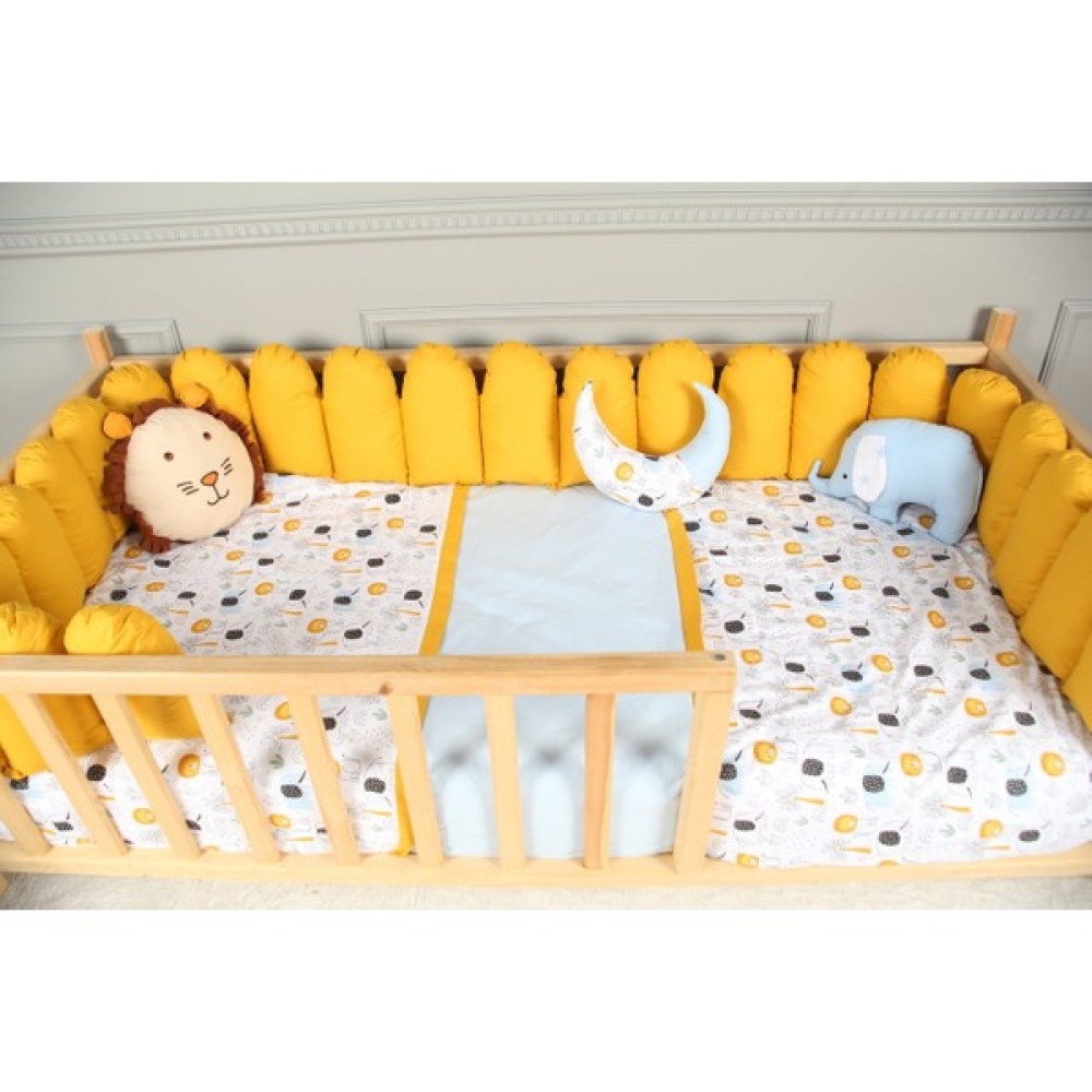Bemolya Montessori Uyku Seti Mavi Sevimli Aslan ve Fil Çitli Koruma Pamuk Bebek Çocuk Kız Erkek Bebek Set - Mavi - Sarı - 90 x 190 cm Bebek Uyku Seti Fiyatı
