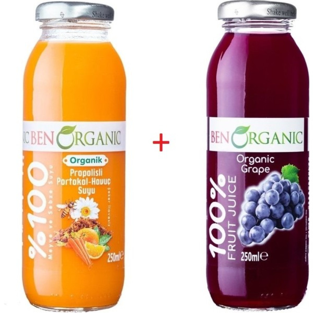 Ben Organic Propolisli Portakal -Havuç + Üzüm Organik Meyve Suyu 2'li Paket - 250 ml Diğer Fiyatı