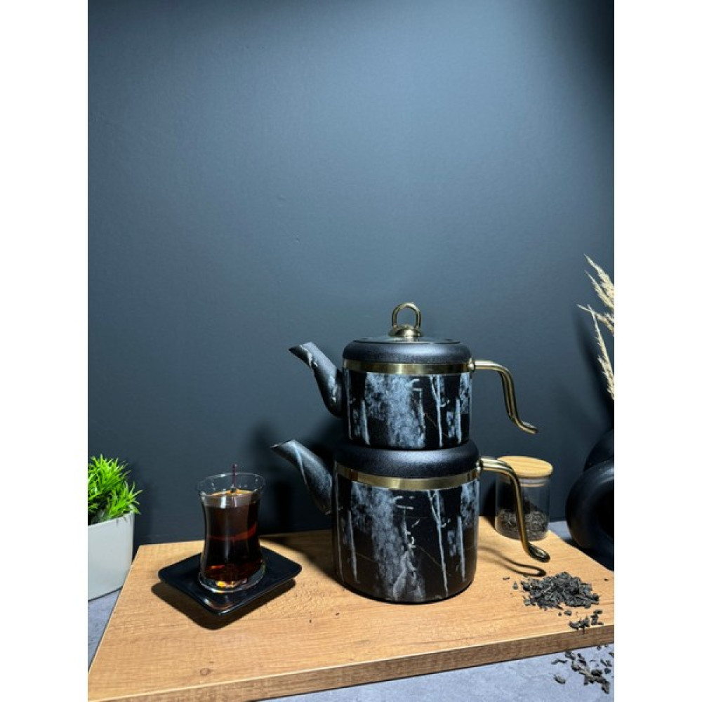 Bena Life Desenli Granit Çaydanlık Takımı Gold Metal Kulp Çay / Çaydanlık Setleri Fiyatı