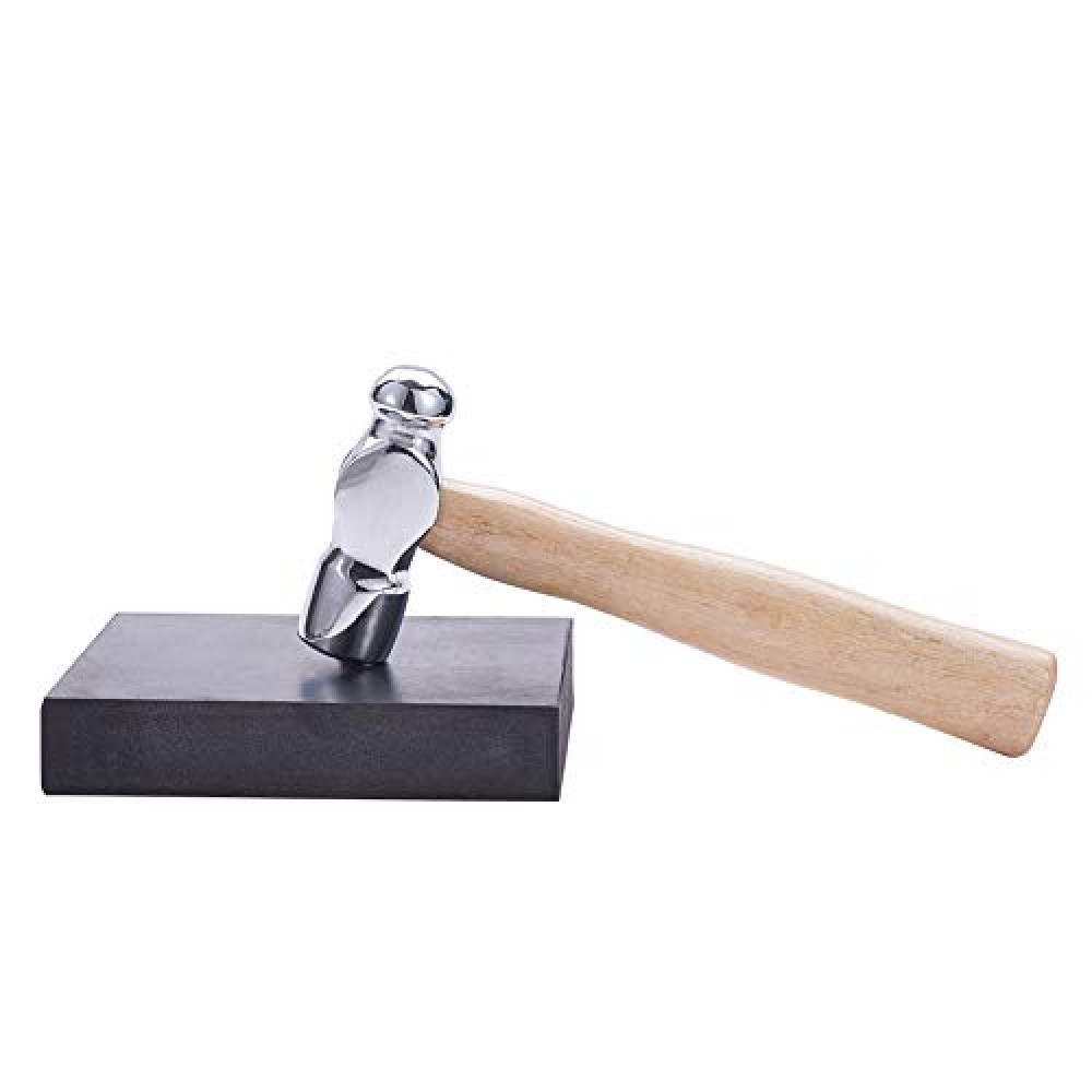BENECREAT 6" Long Iron Jewelry Making Hammer with Wood Handle and Black Rubber Bench Block for Jewelry Making and Metal Smiting