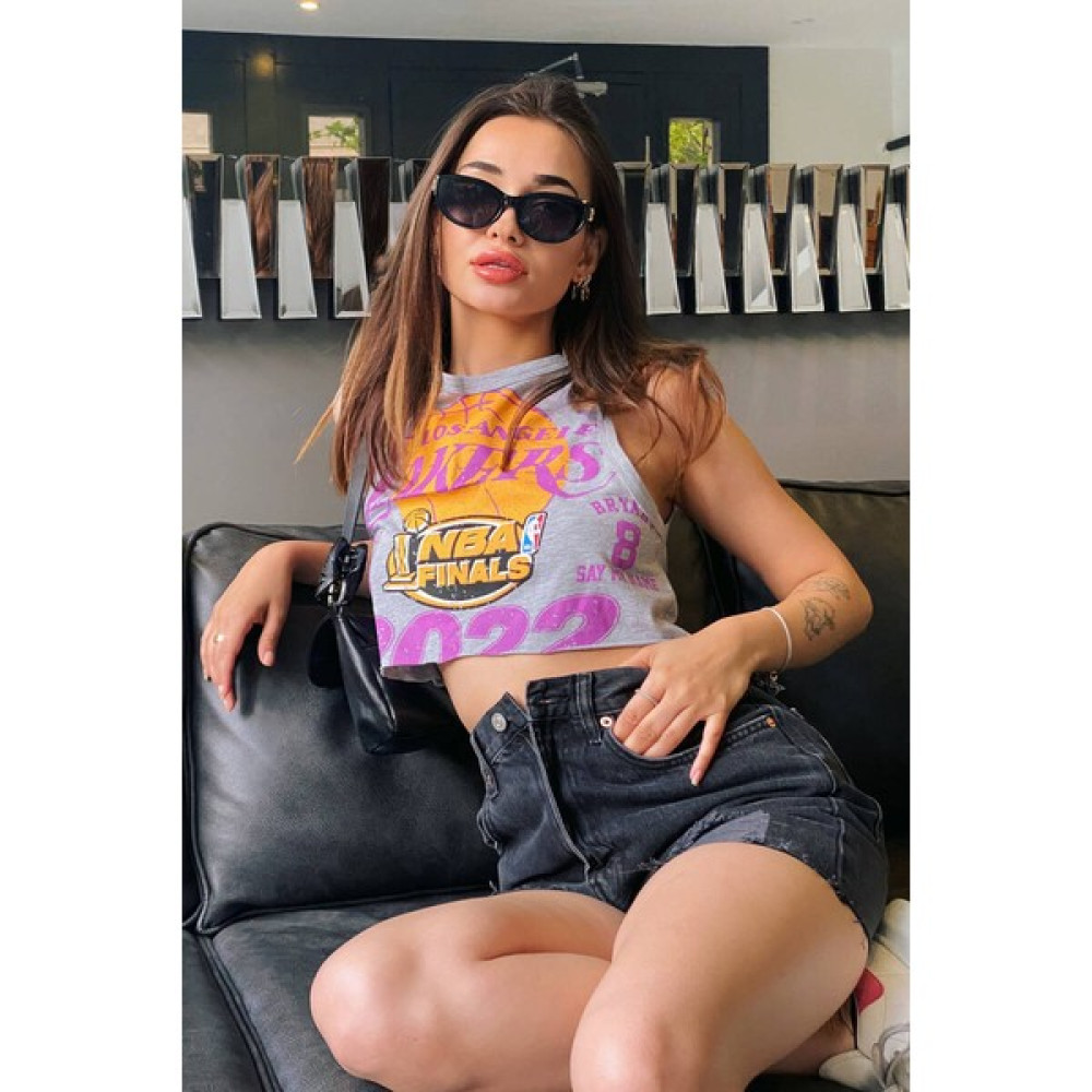 Bengi Clothing Kadın Gri Lakers Baskılı Crop Bluz Bluz Fiyatı