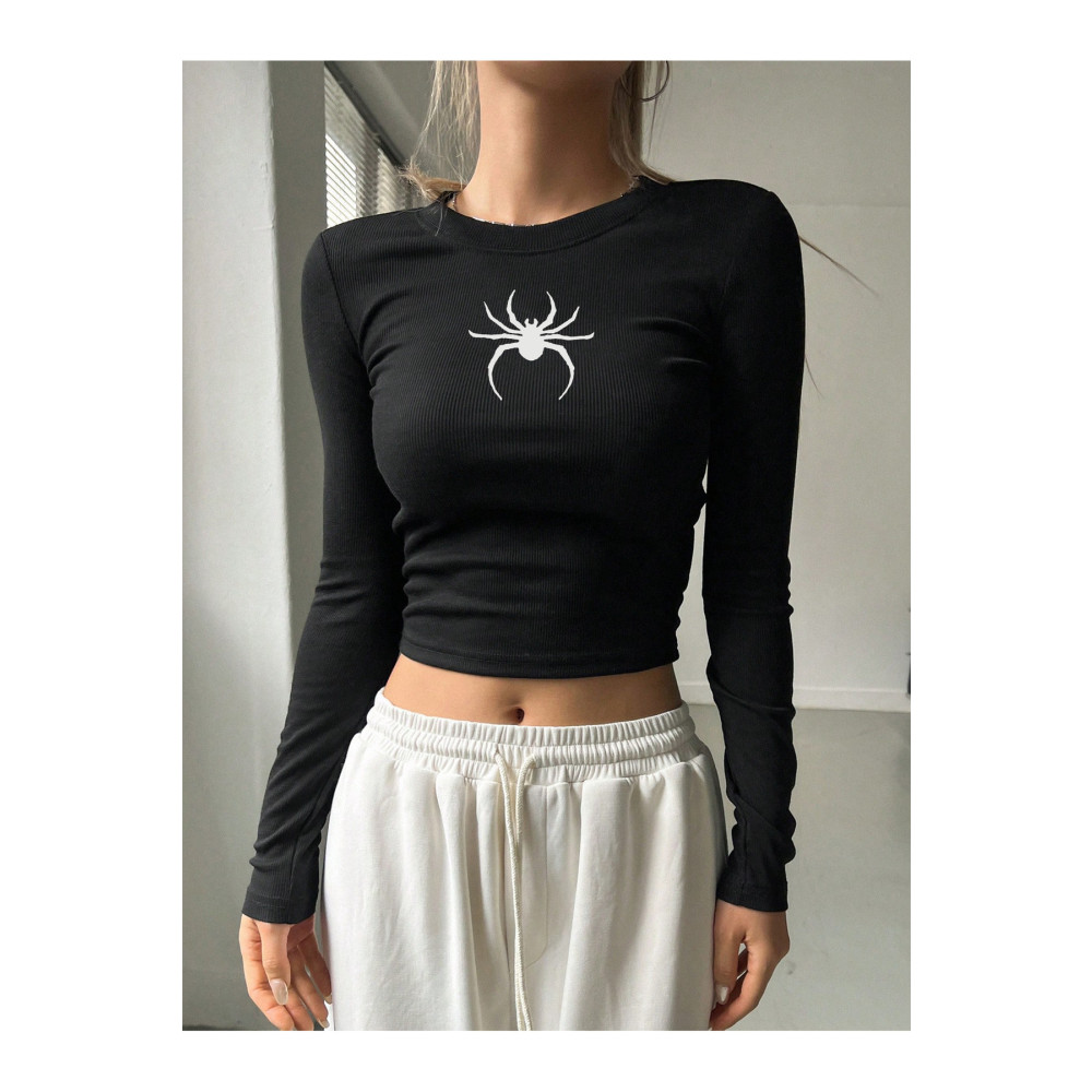 Bengi Clothing Kadın Siyah Baskılı Bisiklet Yaka Uzun Kollu Fitilli Crop Bluz M Beden Bluz Fiyatı