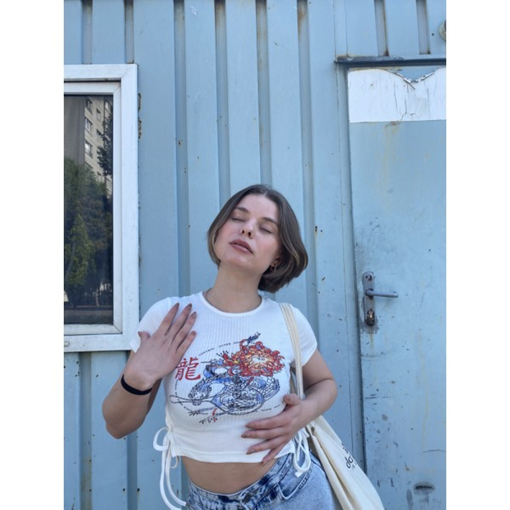 Bengi Clothing Kadın Yan Bağlama Detay Bisiklet Yaka Baskılı Kısa Kollu Crop Bluz Bluz Fiyatı