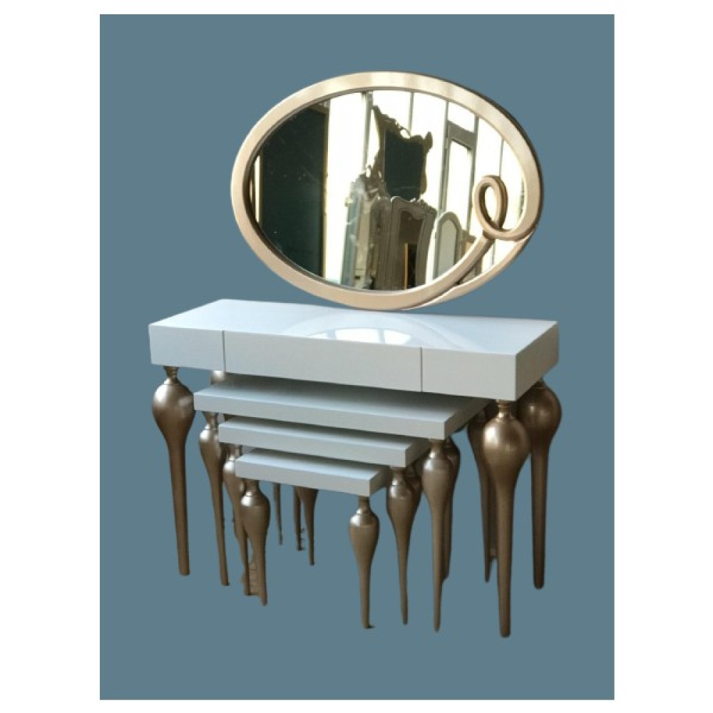 Bengi Ticaret Dresuar-Tombul Zigon Imza Oval Ayna Kayın Mdf Ayak Tabla Parlak Gold-Beyaz Uyum - Beyaz - Gold Dresuar / Makyaj Masası Fiyatı