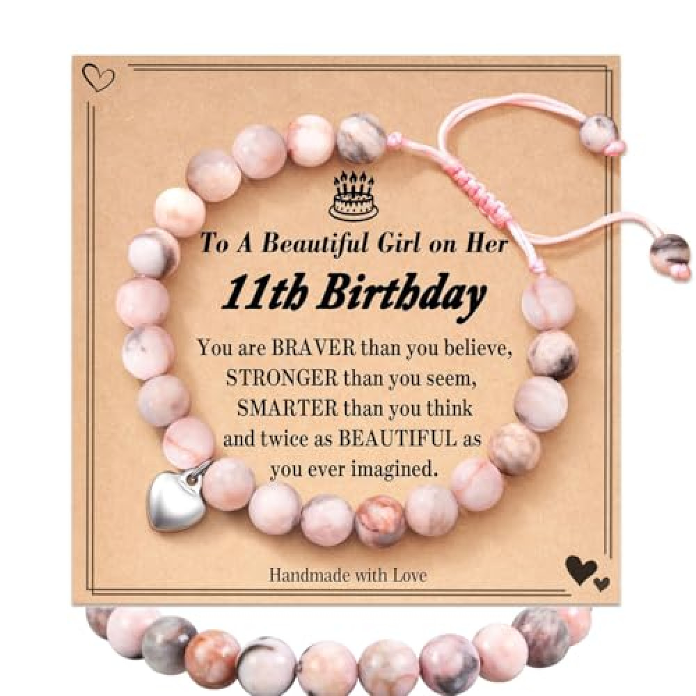BENIFILE Strength Natural Stone Healing Bracelet, 11 Year Old Girl Birthday Gifts Pink Zebra Anxiety Crystals Bracelet for Daughter Teenage Granddaughter BFF Sister Niece 11th Presents with Card