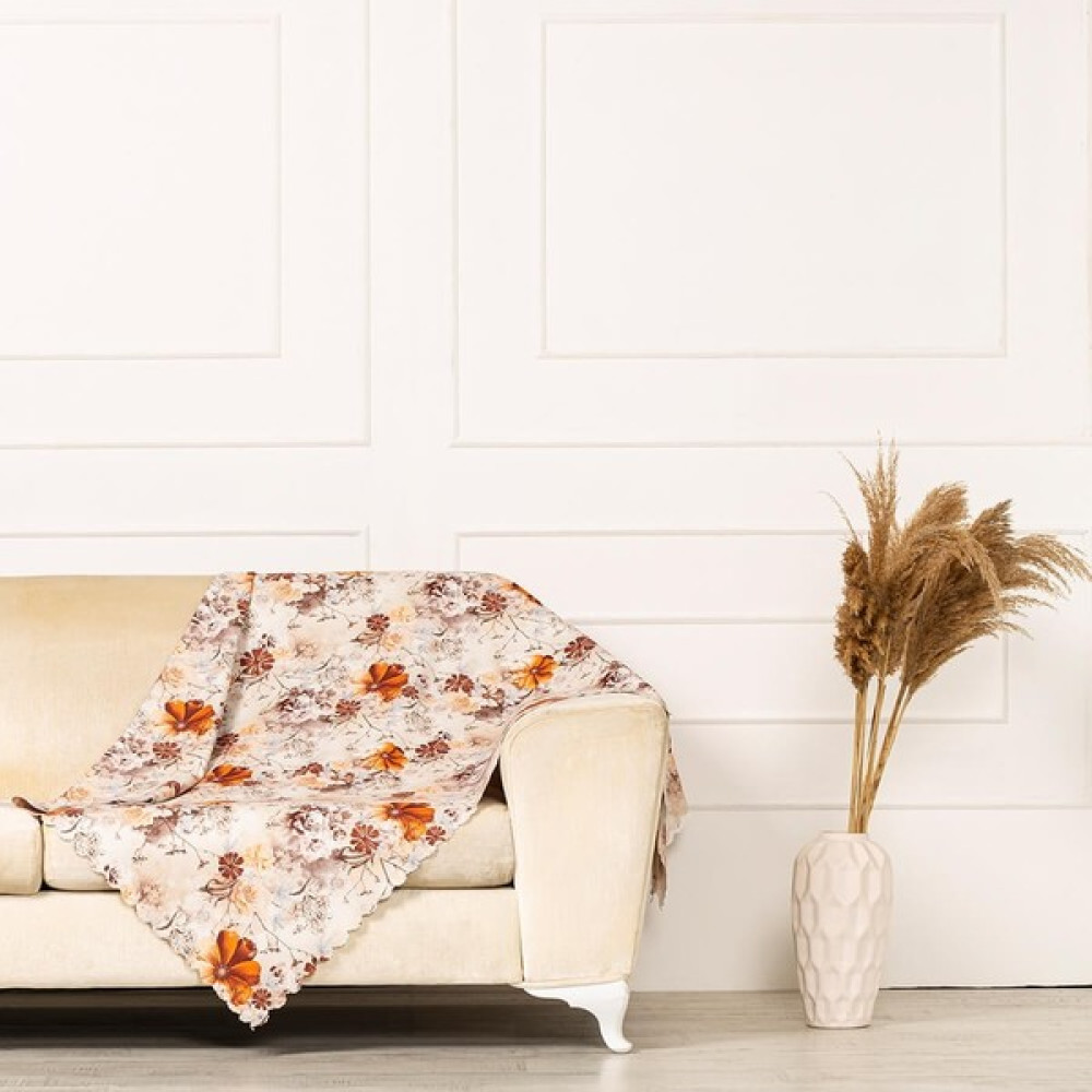 Benimol Turuncu Kahverengi Renkli Çiçekli Dokuma Dijital Baskılı Kadife Şönil Koltuk Şalı Örtüsü Maxi Set (3+3+1+1) - 175 x 215 cm - Krem Koltuk & Kanepe Örtüsü Fiyatı