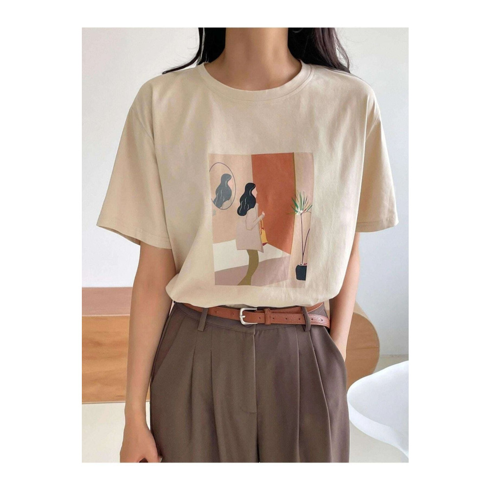 Benisengiydir Kadın Bej Kadın Figür Baskılı Oversize Bisiklet Yaka Tshirt S Beden Bayan T-shirt Fiyatı